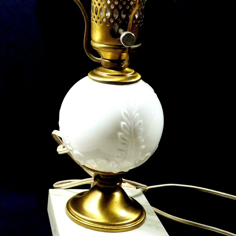 VTG White Milk Glass Brass Marble Base Electric Lamp Hurricane